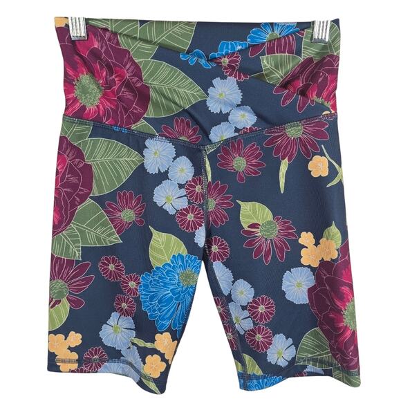 M SO The Sport Pant Navy Floral Crossover Waist Bike Shorts Womens Size XS Yoga - Picture 1 of 9